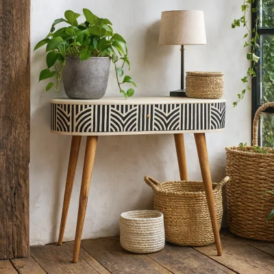 The Range Honolulu Oval Console Table Solid Mango Wood and Bone Inlay Drawer - Black