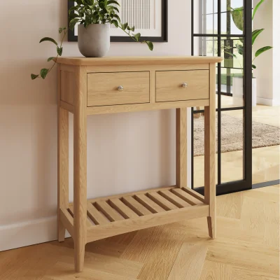 The Range Ash 2 Drawer Console Table With Brushed Handles Full Length Low Shelf - Ash
