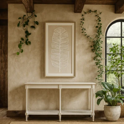 The Range Rochemaure Large White Console Table with Rattan Shelf - White