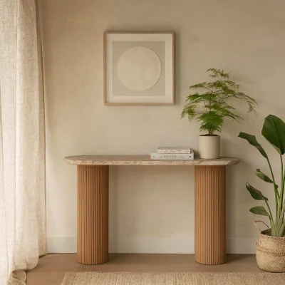 The Range Boston Natural Oak and Brown Marble Pedestal Console Table - Brown