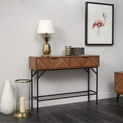 The Range Dark Chevron 2 Drawer Console Table with Metal Legs - Brown