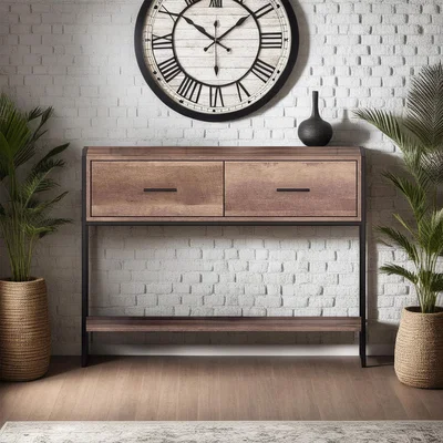 The Range FWStyle 2 Drawer Console Table Industrial Effect Cracked Oak Finish - Cracked Oak