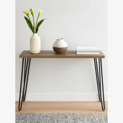 The Range Borough Veneer Top Console Table With Hairpin Metal Legs - Brown