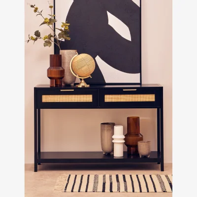The Range Sherman Black Wood and Rattan Two Drawer Console Table - Black