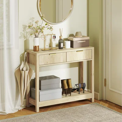 The Range HOMCOM Modern Console Table with Fluted Panel Drawers - Natural wood finish