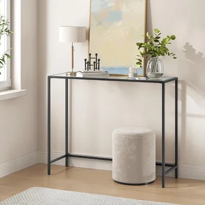 The Range Entryway Console Table with Tempered Glass Top, Metal Frame and Adjustable Feet - Ink Black, Transparent
