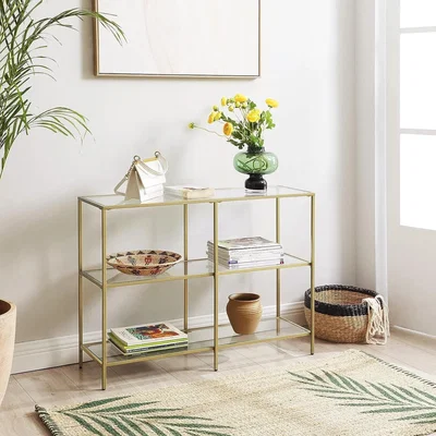 The Range Modern 3-Tier Glass Console Table with Storage Shelves and Metal Frame - Gold