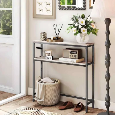 The Range Narrow Console Table with 2 Shelves, Greige & Black - Heather Greige, Ink Black