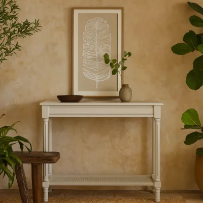 The Range Rochemaure Console Table, White with Rattan Shelf - White