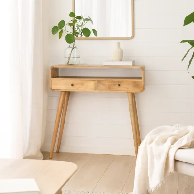The Range Urbino Mango Wood Console Table 2 Drawers and Open Shelf Rattan Top - Brown