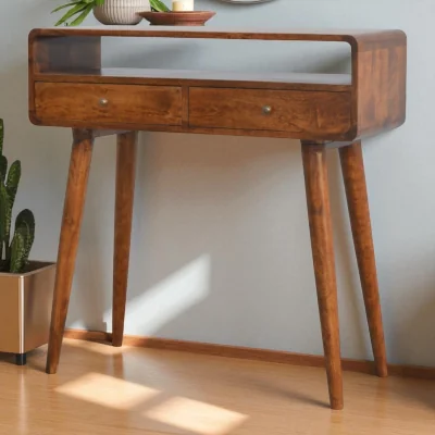 The Range Solid Wood Curved Chestnut Console Table, 2 Drawers - Dark Brown