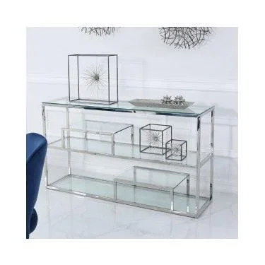 Teddy Beau Deco Home Bailey Stainless Steel 3 Tier Console Table With Glass Shelves