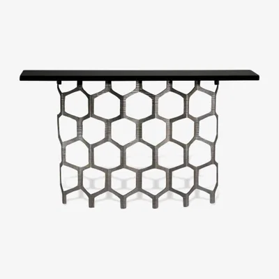 Tobias Oliver Porta Romana I Honeycomb Console Table Decayed Silver with Black Lacquer Top