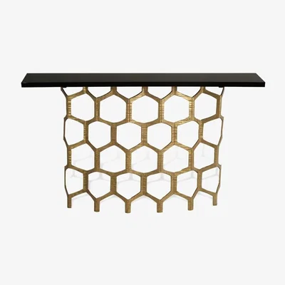 Tobias Oliver Porta Romana I Honeycomb Console Table Decayed Gold With Black Lacquer Top