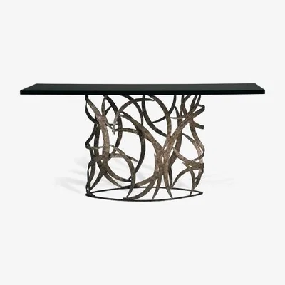 Tobias Oliver Porta Romana I Elliptical Miro Console Table BURNT SILVER WITH BLACK LACQUER TOP