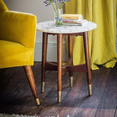 Atkin & Thyme Trent White Marble and Brass Inlay Side Table