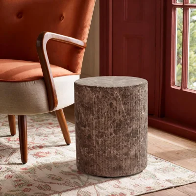 Atkin & Thyme Maru Stool / Side Table - Brown Marble Finish