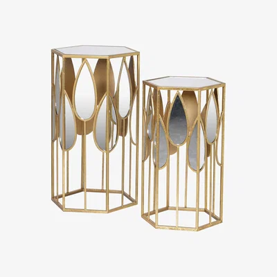 Barker and Stonehouse Pair of Hexagonal Mirrored Side Tables, Gold Metal | Barker & Stonehouse