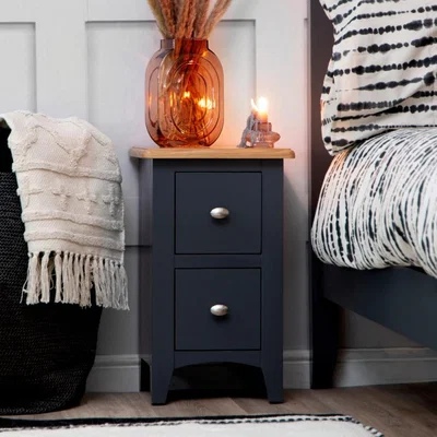Chiltern Oak Furniture Gloucester Midnight Grey Painted Slim 2 Drawer Bedside Table