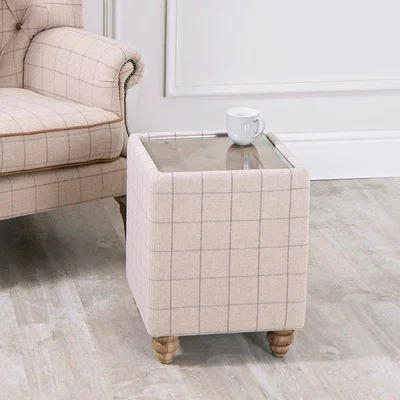 Chiltern Oak Furniture Vintage Natural Check End Table in Tweed with Glass Top