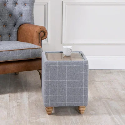 Chiltern Oak Furniture Vintage Grey Check End Table in Tweed with Glass Top