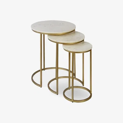 Cult Furniture Set of 3 Nesting Side Tables, White Marble & Brass