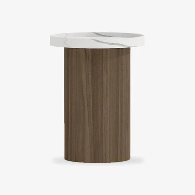 Cult Furniture Raya Round Side Table, White Marble Effect & Walnut