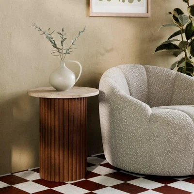 Cult Furniture £20 Off Medby Round Side Table, Dark Mango Wood & Travertine
