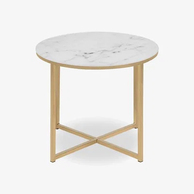 Cult Furniture Alisma Round Side Table, White Marbled Glass & Brass