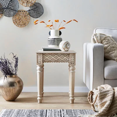 Dunelm Lolita Carved Side Table, Mango Wood White