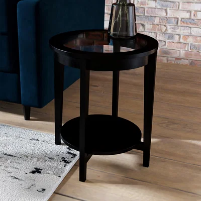 Furniture123 Round Black Wood Side Table with Glass Top - Toula