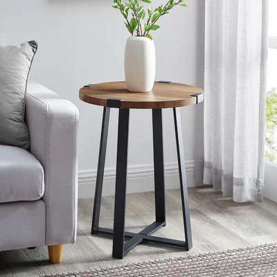 Furniture123 Foster Oak Effect Side Table with Circular Top & Metal Base