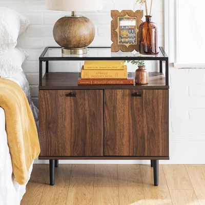 Furniture123 Modern Glass Top 2-Door Side Table - Dark Walnut