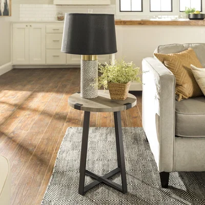 Furniture123 Foster Grey Wood Effect Side Table with Circular Top & Metal Base