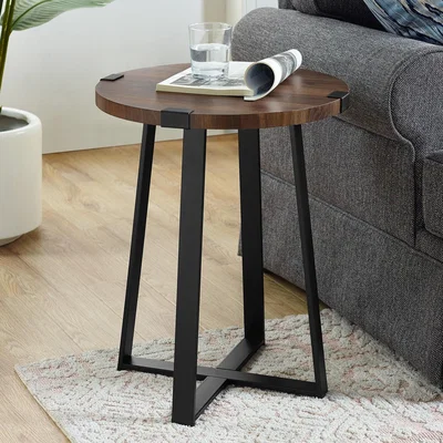 Furniture123 Round Walnut Side Table with Black Legs - Foster