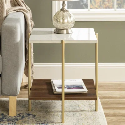 Furniture123 Foster Gold Faux Marble Square Side Table with Wooden Shelf