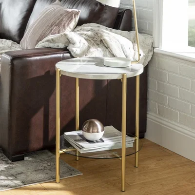 Furniture123 Foster White Marble Side Table with Glass Shelf