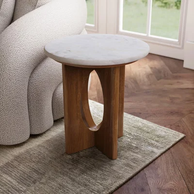 Furniture123 Round White Marble and Mango Wood Side Table - Ivan