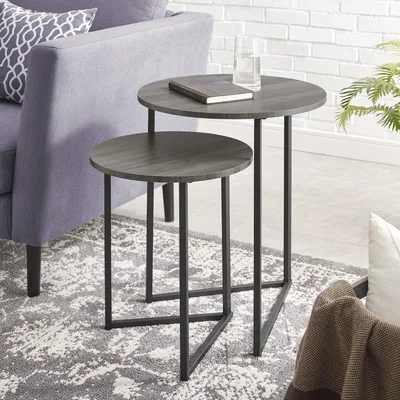 Furniture123 Round Grey Nest of 2 Side Tables with Black Legs - Foster