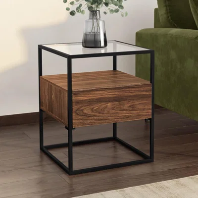 Furniture123 Walnut Side Table with Glass Top and Storage Drawer - Akila