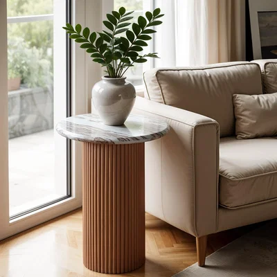 Furniture123 Natural Marble & Wood Pedestal Side Table - Ashford
