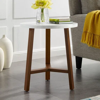 Furniture123 Round White Marble Side Table with Wood Legs - Foster