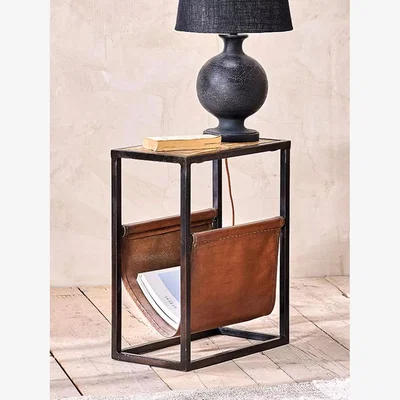 John Lewis Nkuku Alera Mango Wood & Leather Magazine Rack Side Table, Natural