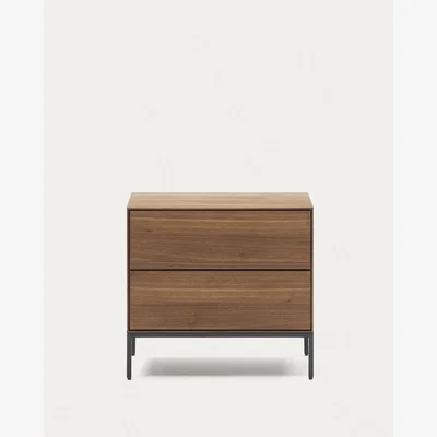 Kave Home Vedrana beside table, 2 walnut veneer drawers, and black steel legs, 60 x 55 cm