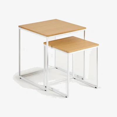 Kave Home Yoana set of 2 nesting side tables with oak wood veneer and painted white metal structure