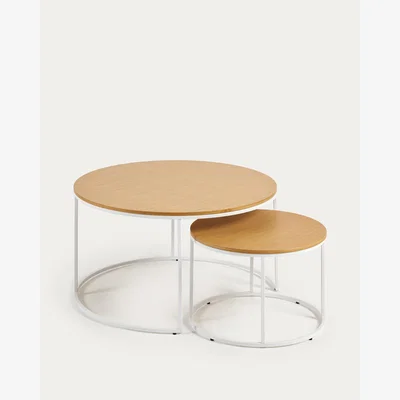Kave Home Yoana set of 2 nesting side tables, with oak wood veneer & white metal, Ø 80 cm / Ø 50 cm