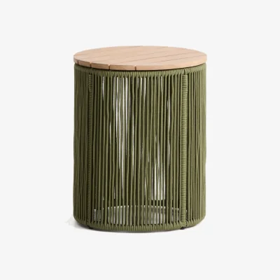 Kave Home Dandara side table in steel, green rope cord and solid acacia wood Ø40cm FSC 100%