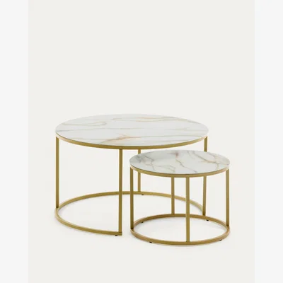 Kave Home Set of 2 Leonor glass side tables in white and golden steel structure Ø 80 cm / Ø 50 cm