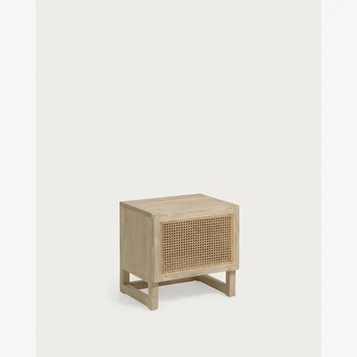 Kave Home Rexit solid mindi wood and veneer bedside table with rattan 50 x 48 cm