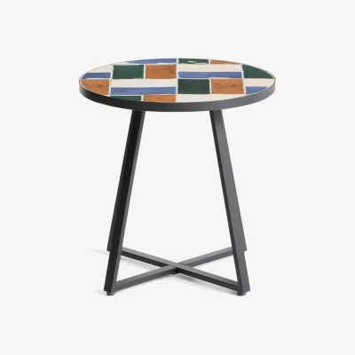 Kave Home Tella round side table in graphite galvanised steel with multicoloured tiles Ø45 cm